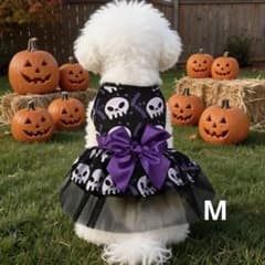 ◆ペット服 犬猫用 ハロウィン スカル柄 チュールワンピース/ Mサイズ新品◆のサムネイル