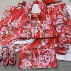 ☆七五三 着物フルセット 3歳 被布 赤 花柄 草履・巾着・長襦袢等付