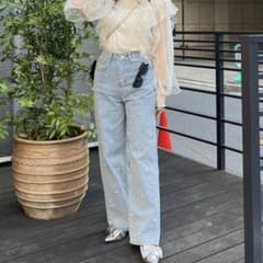 完売色 新品未使用 プロズヴェール パール ストレートデニムパンツ ハイウエストのサムネイル