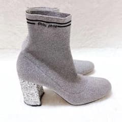 MIUMIU 刺繍 ロゴ ラメ グリッターヒール ソックス ブーツ シューズ