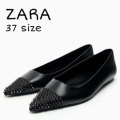 ZARA　スタッズ レザー フラットシューズ　37サイズ　ブラック ZARA スタッズ レザー フラットシューズ 37サイズ ブラック - メルカリ