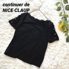 Nice Claup ◆ Pearl-embellished sleeves, cotton short-sleeved T-shirt, feminine, black