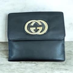 GUCCI グッチ 二つ折り財布 インターロッキングG 黒 レザーのサムネイル
