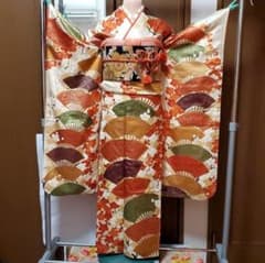 振袖(に)、長襦袢、袋帯、小物 7点セット 豪華振袖セット 扇面文様 