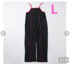 Large size overalls by LINK@, Shimamura, all-over print, black, heart design.