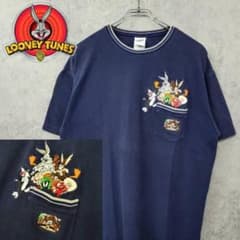 古着 00s ルーニーテューンズ キャラクター 刺繍 Tシャツ ネイビー Lのサムネイル