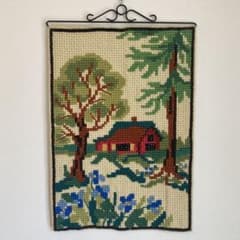 ヴィンテージ 毛糸刺繍 壁飾り 大型 タペストリー 北欧 森の中の家