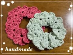 手編み　紫陽花のシュシュ　ピンク♡ラメ入りミントグリーン☆２個セット☆コットン