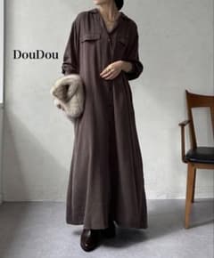 【新品未使用】DouDou ドゥドゥ　テンセルロングシャツドレス　ブラウン 新品未使用】DouDou ドゥドゥ テンセルロングシャツドレス ブラウン