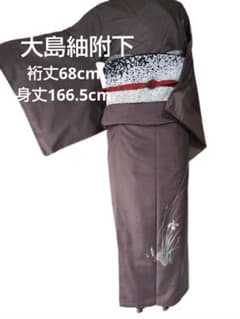 G60、大島紬・附下、黒紅色・蘇芳の追っ掛け縦縞地に花の手刺繍、正絹 