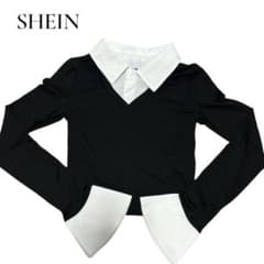 SHEIN 襟付きレイヤード風トップス 長袖 ベルスリーブ黒 ショート丈 韓国風のサムネイル