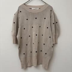 [New] Polka Dot Short-Sleeve Knit Top with Balloon Sleeves [Size M] Beige