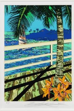 Y2370-2 鈴木英人【二人のウォーターフロント】シルク 直筆サイン AP Y2370-2 鈴木英人【二人のウォーターフロント】シルク 直筆