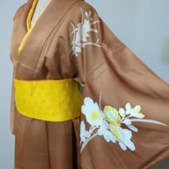 訪問着 花柄ブラウン 　袷　正絹　伊達衿付 159/65/22 /28.5/48