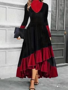 フリル付きロングワンピース XXL 黒×赤のサムネイル