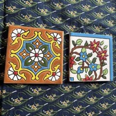 イラン製　ハンドメイド　花柄 陶板タイル 2枚セット　レア！のサムネイル