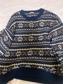 GU フェアアイル柄 クルーネックニット ネイビー Lのサムネイル