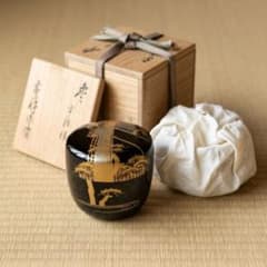 茶道具】宗祥作 宇治橋蒔絵 中棗 黒漆 金蒔絵 共箱・共布付き 茶器 美