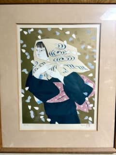 遺品整理】森田曠平 木版画 額装品 19/100 舞い散る花びらと女性