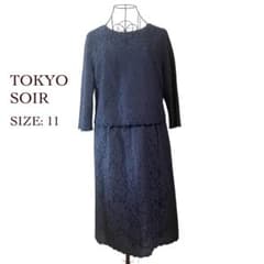 東京ソワール 総レース 重ね着風ワンピース 七分袖 ネイビー 紺 11号 東京ソワール 総レース 重ね着風ワンピース 七分袖 ネイビー 紺 11号