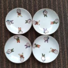 【美品】中国醴陵　「四季平安」唐子／童子　醤油皿　４枚セット 美品】中国醴陵 「四季平安」唐子／童子 醤油皿 4枚セット