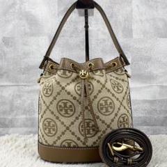 美品 トリーバーチ キャンバス 2way ショルダーバッグ モノグラム 巾着 茶 美品 トリーバーチ キャンバス 2way ショルダーバッグ