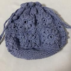 ハンドメイド かぎ針編み　お花モチーフ 巾着　ポーチ パープルラメのサムネイル