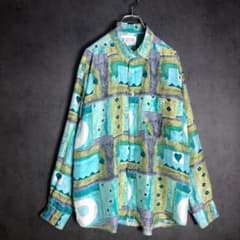 未使用級 シルク100% 総柄シャツ L 緑系 ゆるダボ
