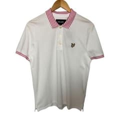 新品タグ付 LYLE&SCOTT ポロシャツ M 白 ピンクライン 刺繍 綿のサムネイル