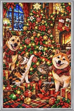 ステンドグラス☆のクリスマスのリース　犬のサンタクロース クリスマスの準備をする4匹｜ステンドグラス風アート - メルカリ