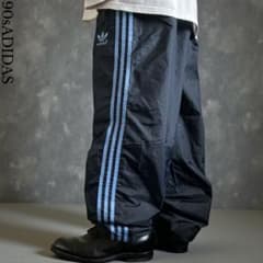 極太90s old adidas バギーナイロントラックパンツ 黒×水色 レア