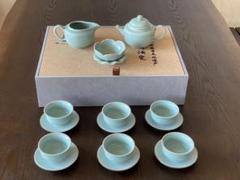 中国古美術・宋汝窯款天青釉「寿成殿」銀口盞托茶器セット・木箱付・文房具・煎茶道具 中国宋代 五大名窯 茶器セット 複製 － 三宝堂オンラインショップ