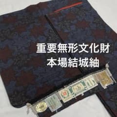 紬着物【本場結城紬】80山亀甲絣 正絹 紅葉文様 黒色 証紙付 袷