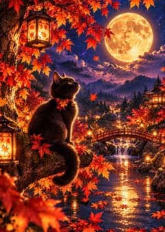 222【紅葉と満月を見つめる黒猫】幻想の秋夜 デジタルアート ヒーリングアート