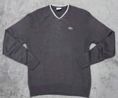 90s　LACOSTE　ニット　セーター　ラコステ　Vネック　グレー　コットン
