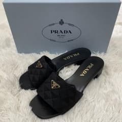 美品 プラダ 三角ロゴ エンブロイダリー サンダル 黒 36 レディース 箱付