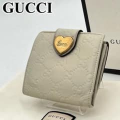 GUCCI 二つ折り財布 GG柄 シマレザー ゴールド金具 ハート Wホック