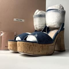 新品】MIU MIU ダメージデニム 厚底サンダル コルクヒール 25cm - メルカリ