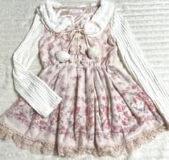 LIZLISA 訳あり ポンポン&襟付きポンチョ風花柄トップス 平成 y2k LIZLISA ポンポン&ファー襟付き花柄トップス ピンク 希少品 平成 y2k
