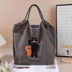 【新品】かわいい猫柄 トートバッグ エコバッグ 大容量 カーキ サングラスネコのサムネイル