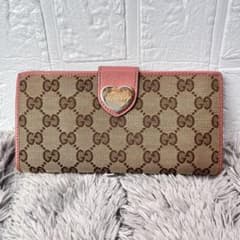 良品 GUCCI GGキャンバス ラブリーハート ピンクベージュ 長財布