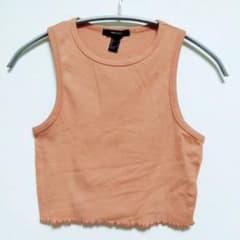 FOREVER 21 リブクロップドタンクトップ メロウフリル 無地 S 橙
