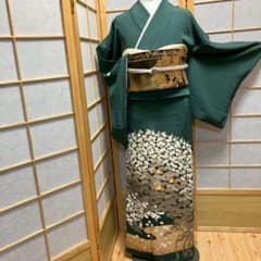 6445］色留袖 流水松梅文 金彩 三つ紋 剣片喰 比翼付 正絹 着物 袷 