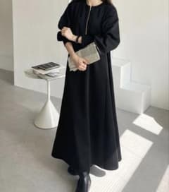 美品 GeeRA ジーラ 前後2WAYハーフジップロングワンピース ブラック L