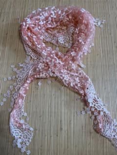 Floral embroidered tulle lace fabric, pink, handmade craft material, triangular scarf decoration.
