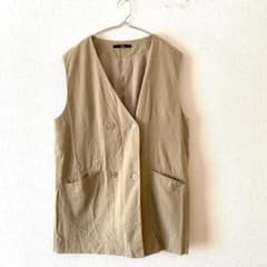 ☆[Castane] Gilet Double Linen Linen Blend Back Slit V Neck Pocket F