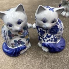 陶器製 猫の置物 ペア 開運招福 千客萬来 - メルカリ