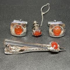 昭和レトロ】ネクタイピン カフス タイピン 3点セット 赤瑪瑙