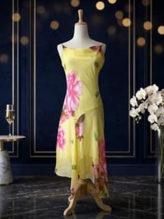 キャバドレス シフォン 花柄 イエロー アシンメトリー ビーズ ミディアムドレスのサムネイル
