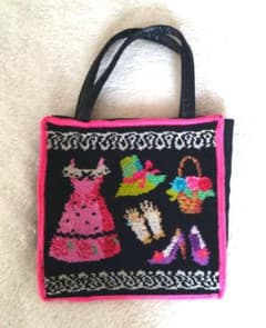 シェニール織風 ミニトートバッグ ランチバッグ 花柄 刺繍風 ブラック ピンク」のサムネイル